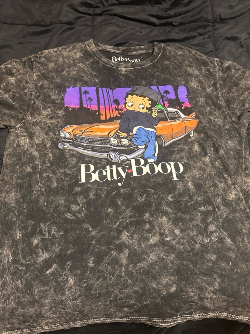 Betty Boop Black Mineral Wash Tee with Orange Car and Purple Sunset